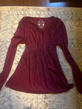 Babydoll Burgundy Ruffle Scoop Neck Long sleeve